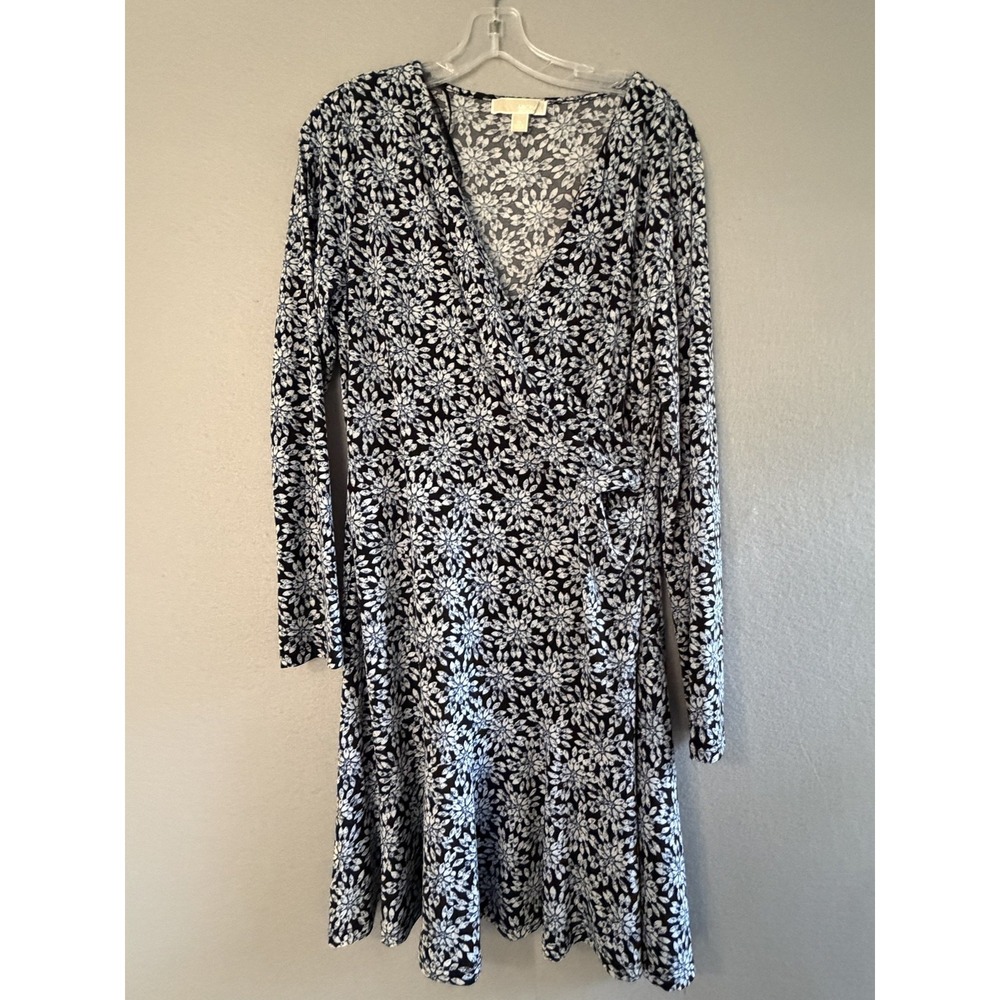 MICHAEL Michael Kors Dress Womens XL Black Floral V Neck Long Sleeve Wrap Jersey
